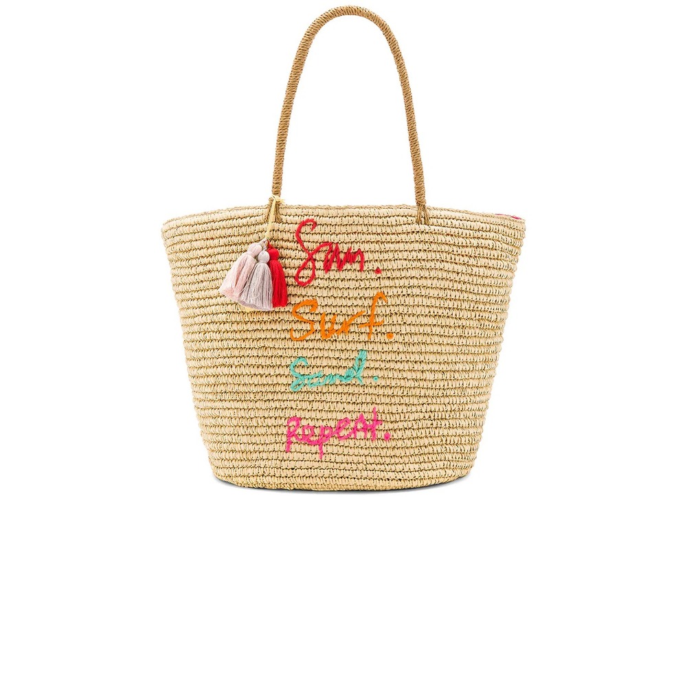 Rebecca Minkoff Sun Surf Sand Repeat Straw Tote Summer Beach Natural Tassels Fun